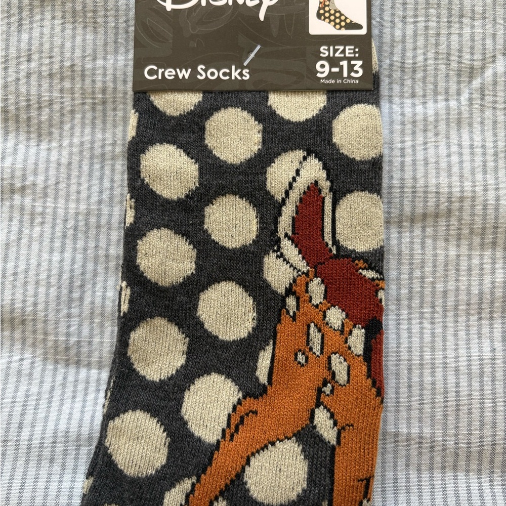 Disney Black and Gray Crew Socks with Bambi Pattern, soft fun socks for everyday